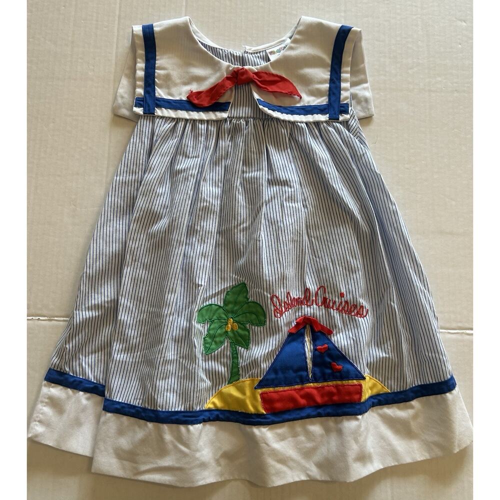 Vtg Mayfair Sailor Girl Dress Size 4T Blue White Striped Red Bow Collar 1980s